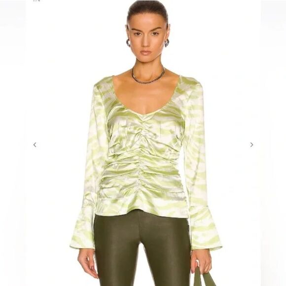 Ganni Zebra Stripe Organic Silk Stretch Ruched Blouse Green 36/S Margarita - Picture 1 of 11
